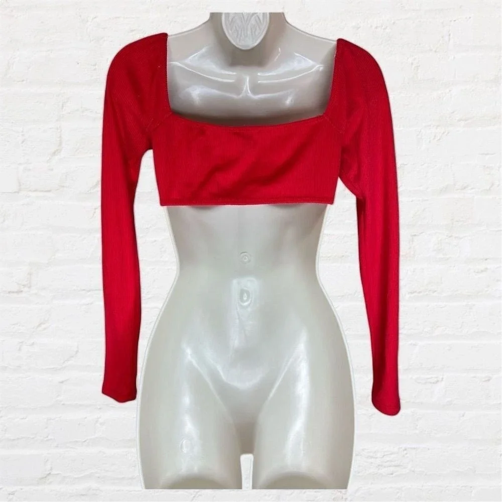 Princess Polly Bustier Crop Top Red Ribbed Long Sleeve Square Neck Size 4 Y2K Sm - Picture 5 of 8